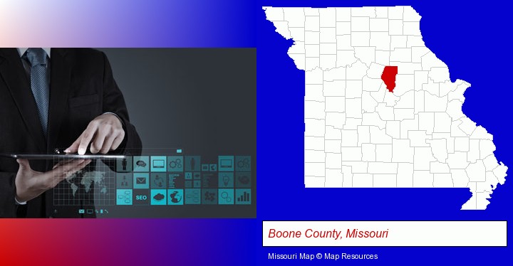 information technology concepts; Boone County, Missouri highlighted in red on a map