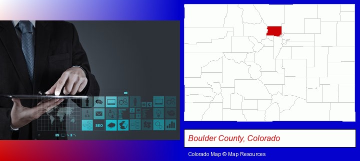 information technology concepts; Boulder County, Colorado highlighted in red on a map