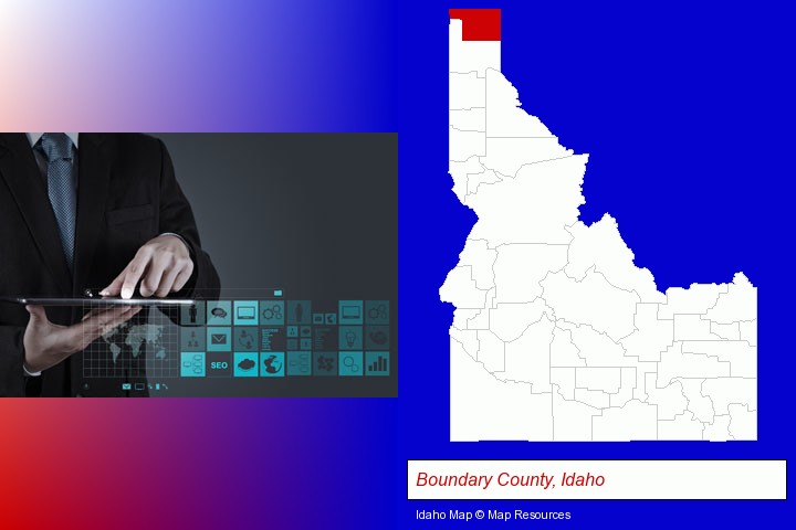 information technology concepts; Boundary County, Idaho highlighted in red on a map