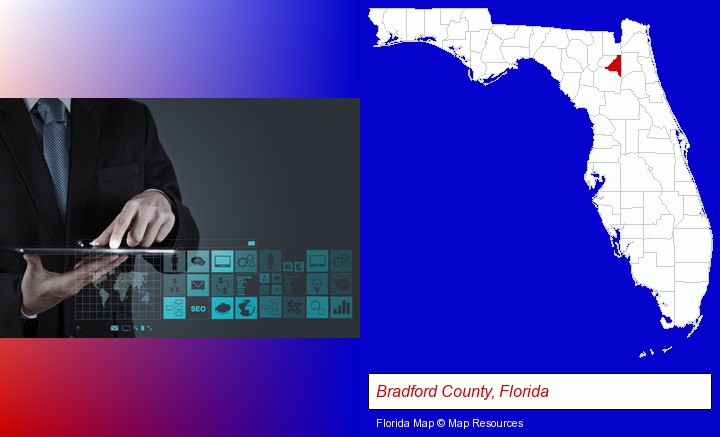 information technology concepts; Bradford County, Florida highlighted in red on a map