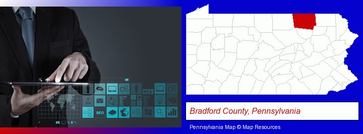 information technology concepts; Bradford County, Pennsylvania highlighted in red on a map