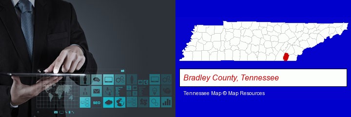 information technology concepts; Bradley County, Tennessee highlighted in red on a map