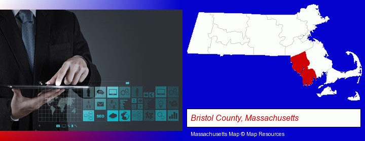 information technology concepts; Bristol County, Massachusetts highlighted in red on a map