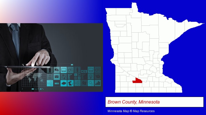 information technology concepts; Brown County, Minnesota highlighted in red on a map