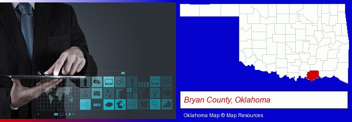 information technology concepts; Bryan County, Oklahoma highlighted in red on a map