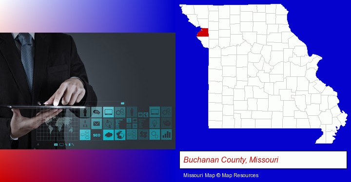 information technology concepts; Buchanan County, Missouri highlighted in red on a map