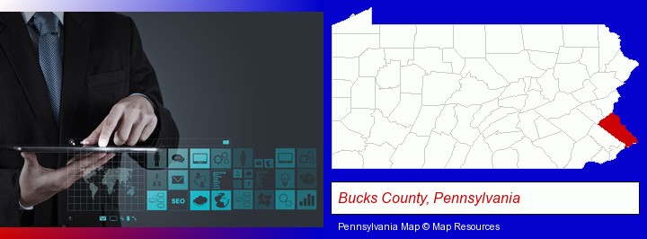 information technology concepts; Bucks County, Pennsylvania highlighted in red on a map