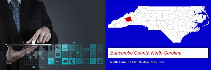 information technology concepts; Buncombe County, North Carolina highlighted in red on a map