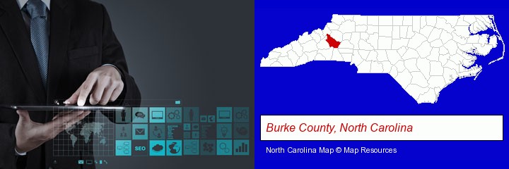 information technology concepts; Burke County, North Carolina highlighted in red on a map