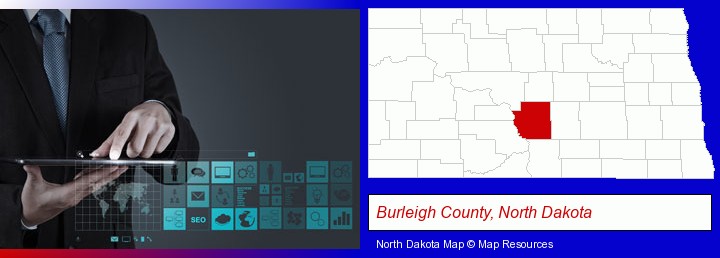 information technology concepts; Burleigh County, North Dakota highlighted in red on a map