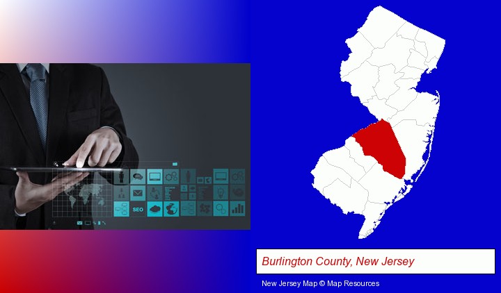 information technology concepts; Burlington County, New Jersey highlighted in red on a map