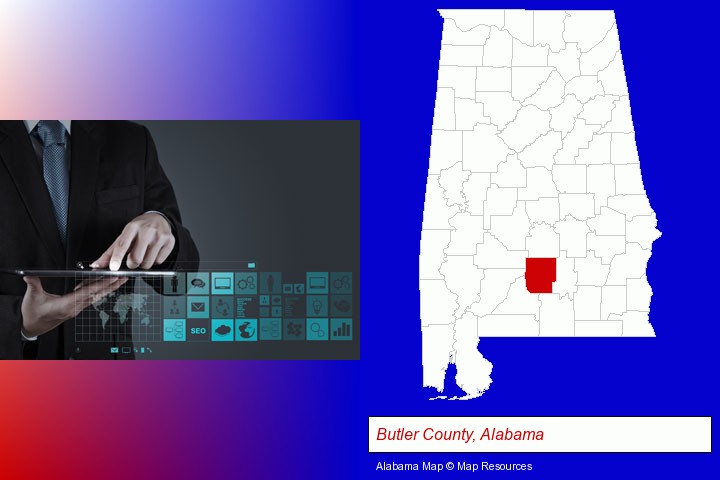 information technology concepts; Butler County, Alabama highlighted in red on a map
