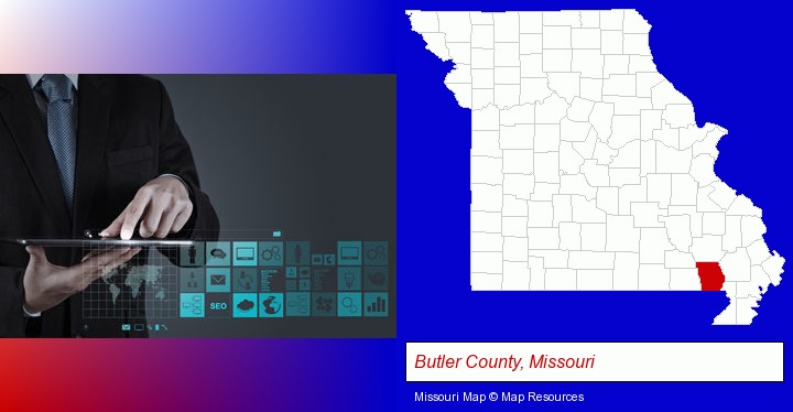 information technology concepts; Butler County, Missouri highlighted in red on a map