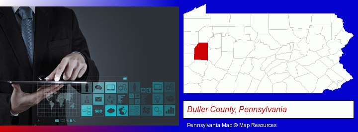 information technology concepts; Butler County, Pennsylvania highlighted in red on a map