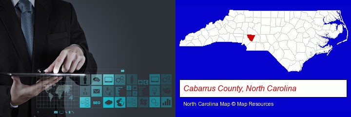 information technology concepts; Cabarrus County, North Carolina highlighted in red on a map