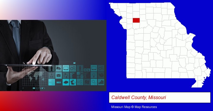 information technology concepts; Caldwell County, Missouri highlighted in red on a map