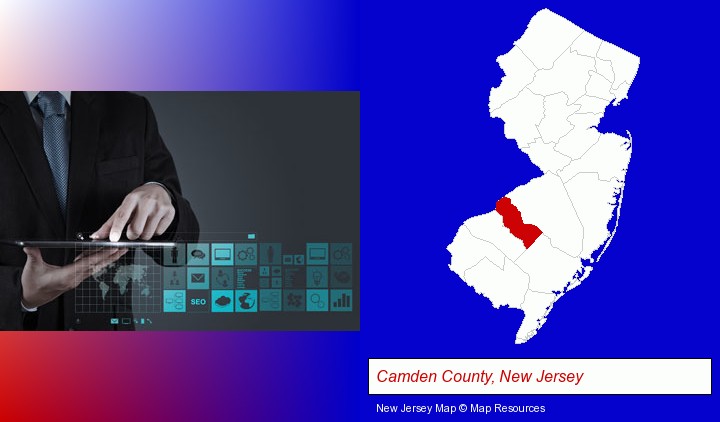 information technology concepts; Camden County, New Jersey highlighted in red on a map