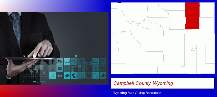 information technology concepts; Campbell County, Wyoming highlighted in red on a map