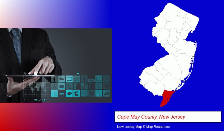 information technology concepts; Cape May County, New Jersey highlighted in red on a map