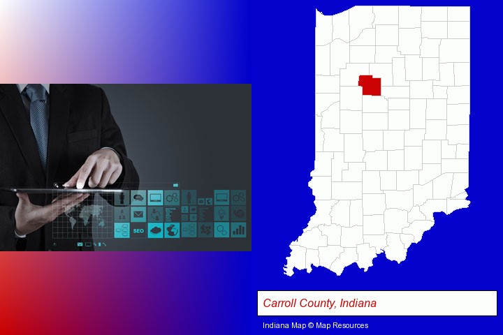 information technology concepts; Carroll County, Indiana highlighted in red on a map