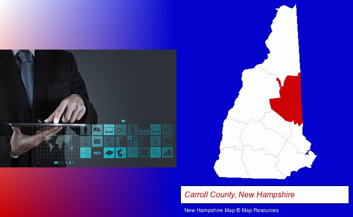 information technology concepts; Carroll County, New Hampshire highlighted in red on a map