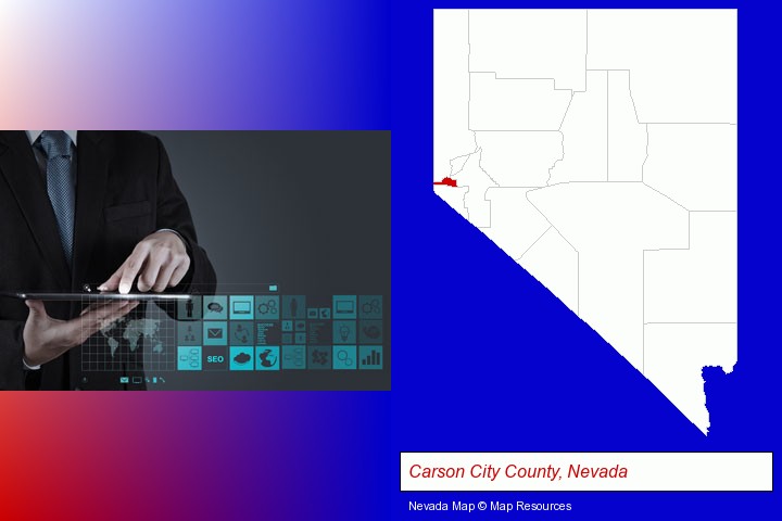 information technology concepts; Carson City County, Nevada highlighted in red on a map