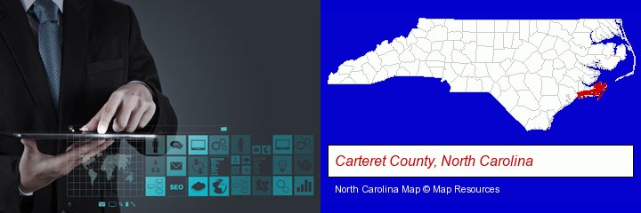 information technology concepts; Carteret County, North Carolina highlighted in red on a map