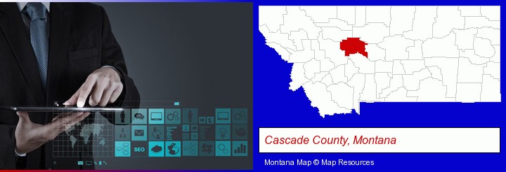 information technology concepts; Cascade County, Montana highlighted in red on a map