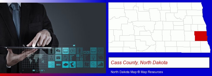 information technology concepts; Cass County, North Dakota highlighted in red on a map