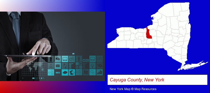 information technology concepts; Cayuga County, New York highlighted in red on a map