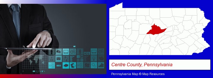 information technology concepts; Centre County, Pennsylvania highlighted in red on a map