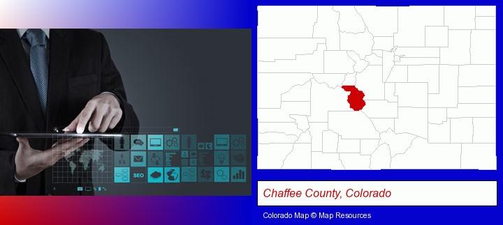information technology concepts; Chaffee County, Colorado highlighted in red on a map