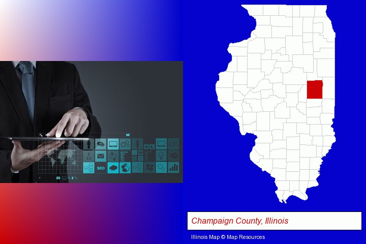 information technology concepts; Champaign County, Illinois highlighted in red on a map