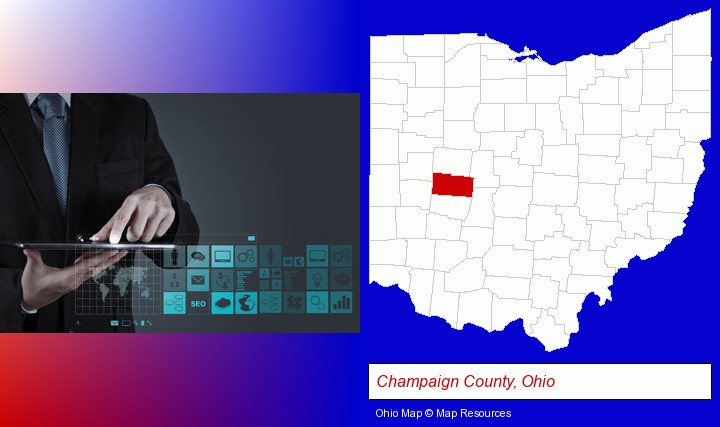 information technology concepts; Champaign County, Ohio highlighted in red on a map
