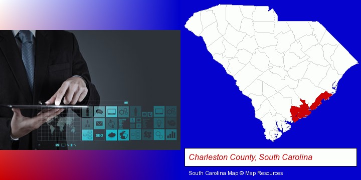 information technology concepts; Charleston County, South Carolina highlighted in red on a map