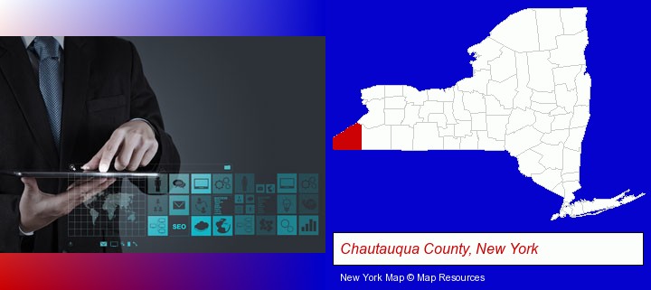 information technology concepts; Chautauqua County, New York highlighted in red on a map