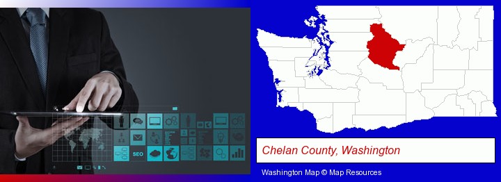 information technology concepts; Chelan County, Washington highlighted in red on a map