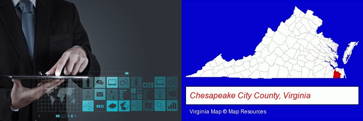 information technology concepts; Chesapeake City County, Virginia highlighted in red on a map