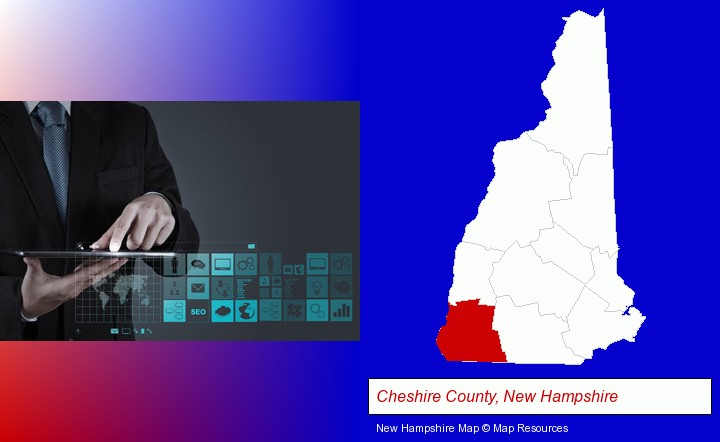information technology concepts; Cheshire County, New Hampshire highlighted in red on a map