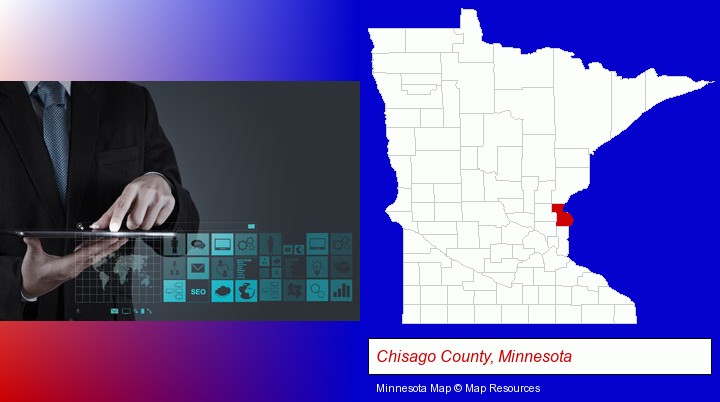 information technology concepts; Chisago County, Minnesota highlighted in red on a map