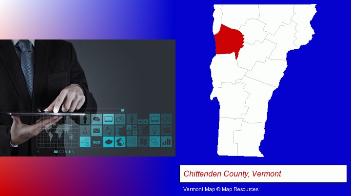 information technology concepts; Chittenden County, Vermont highlighted in red on a map
