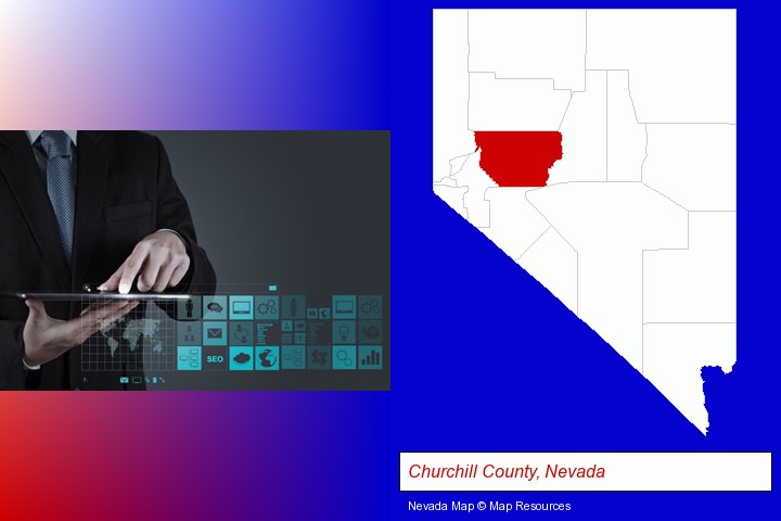 information technology concepts; Churchill County, Nevada highlighted in red on a map