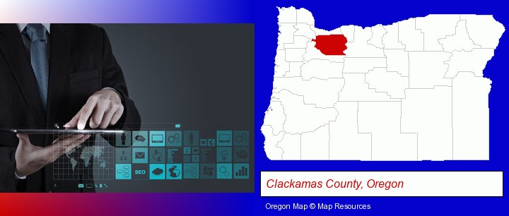information technology concepts; Clackamas County, Oregon highlighted in red on a map