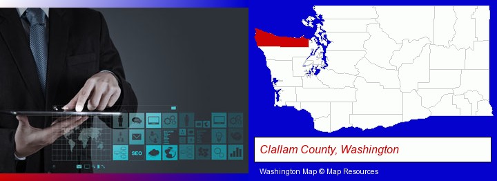 information technology concepts; Clallam County, Washington highlighted in red on a map