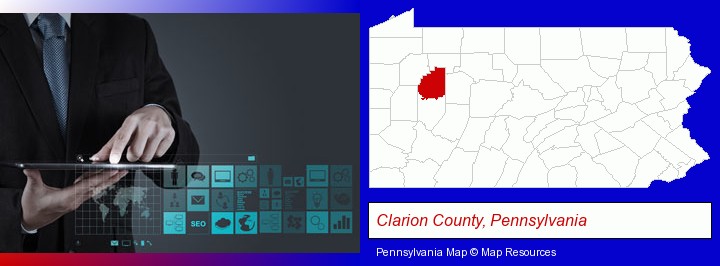 information technology concepts; Clarion County, Pennsylvania highlighted in red on a map