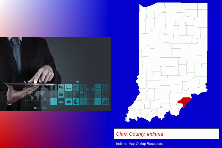 information technology concepts; Clark County, Indiana highlighted in red on a map
