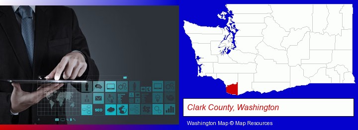 information technology concepts; Clark County, Washington highlighted in red on a map