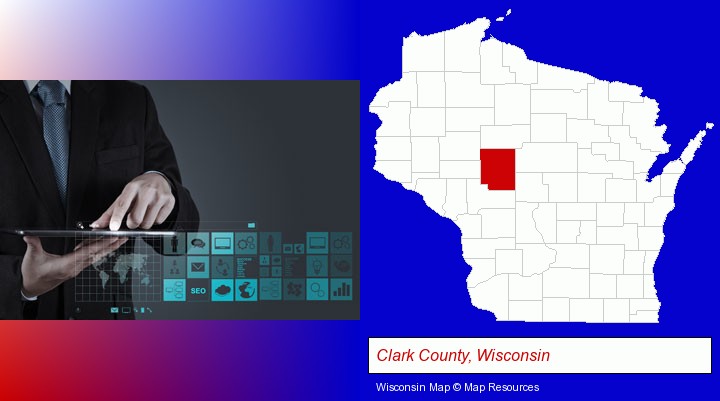 information technology concepts; Clark County, Wisconsin highlighted in red on a map
