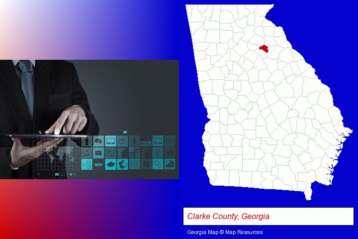 information technology concepts; Clarke County, Georgia highlighted in red on a map