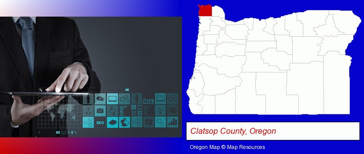 information technology concepts; Clatsop County, Oregon highlighted in red on a map